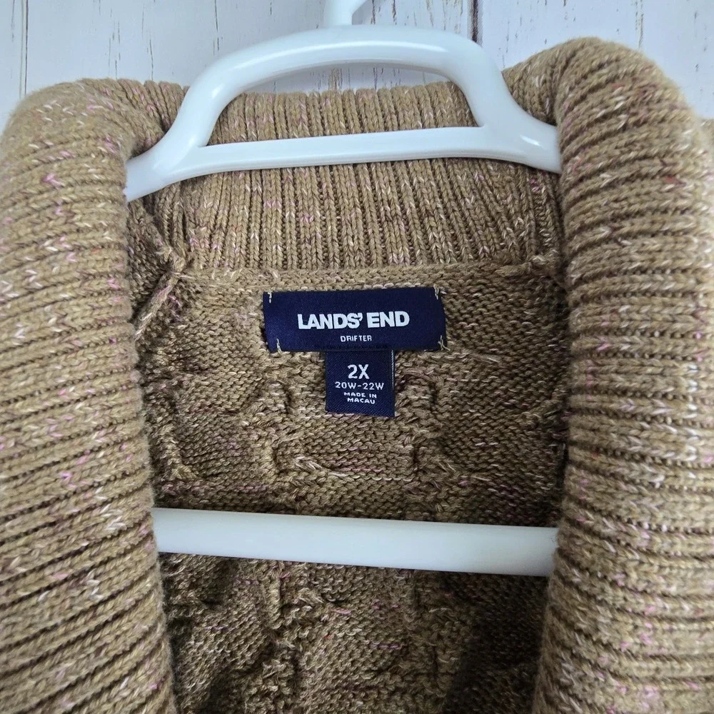 Lands End Drifter Cardigan Sweater Womens 2X Brown Cable Knit Shawl Neck Cotton